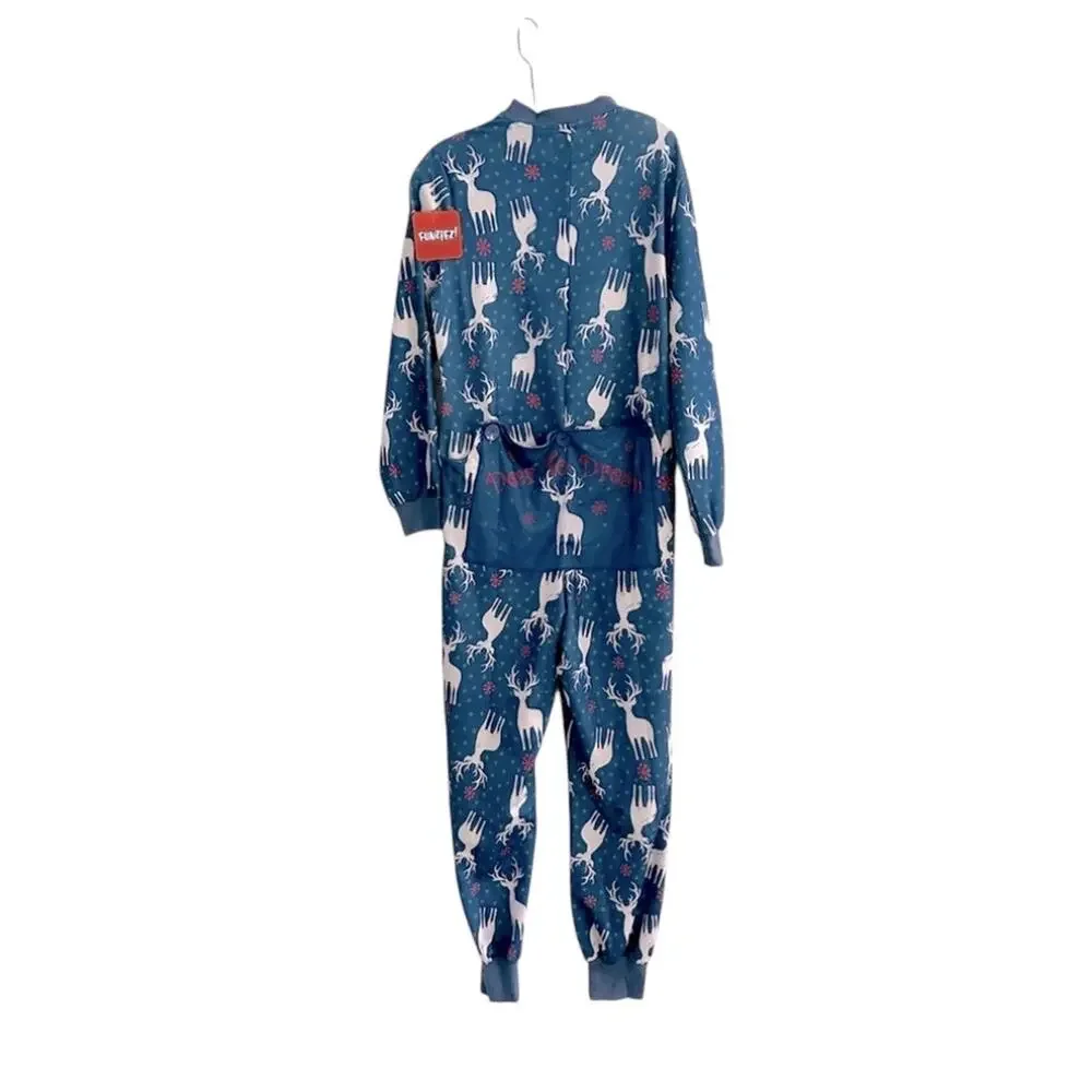 Funziez! Christmas Reindeers Pajama Adult Onesie Holiday Women SMALL Blue PJ NWT